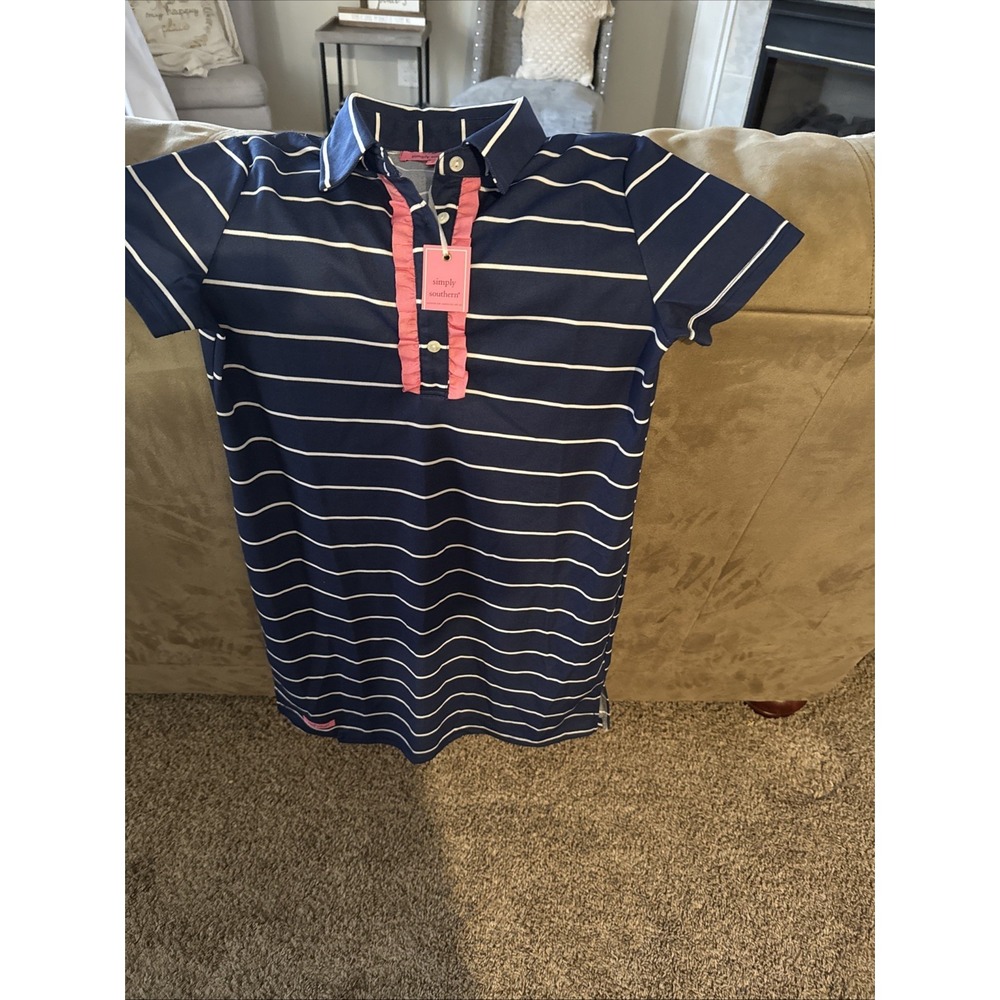 Simply Southern Ruffle Polo Dress Blue White Stripped Pink Ruffle Womens SMALL